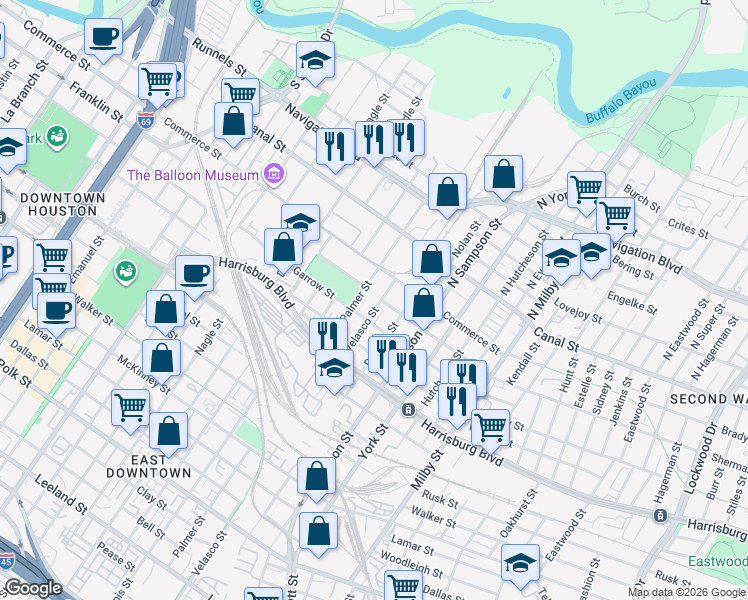 map of restaurants, bars, coffee shops, grocery stores, and more near 215 Velasco Street in Houston