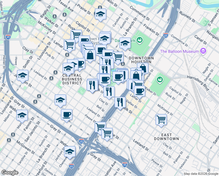 map of restaurants, bars, coffee shops, grocery stores, and more near in Houston