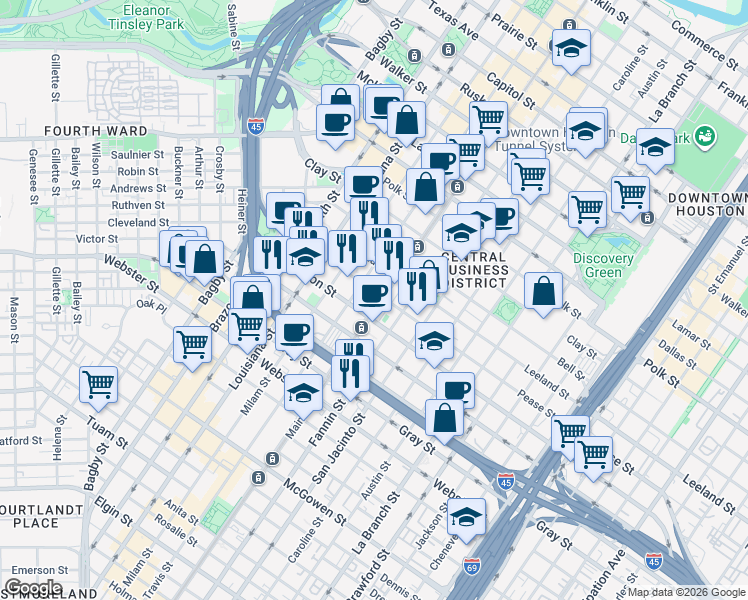map of restaurants, bars, coffee shops, grocery stores, and more near 1720 Main street in Houston