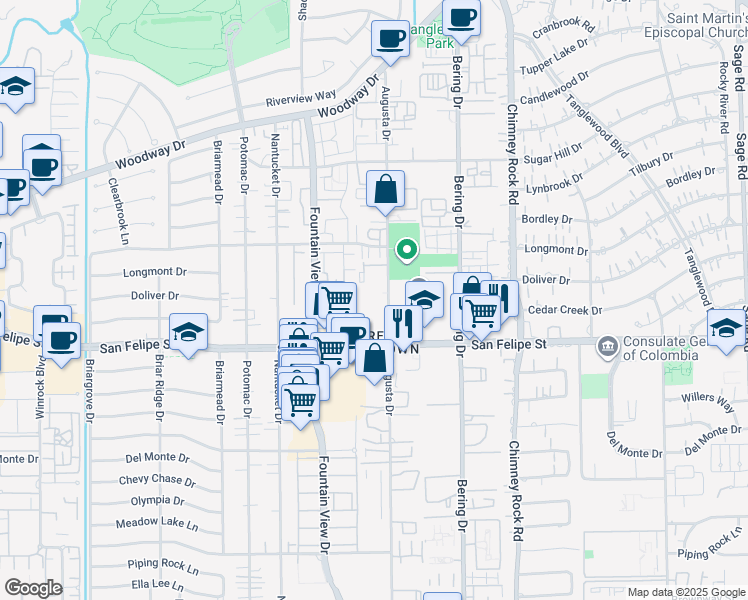 map of restaurants, bars, coffee shops, grocery stores, and more near 1600 Augusta Drive in Houston