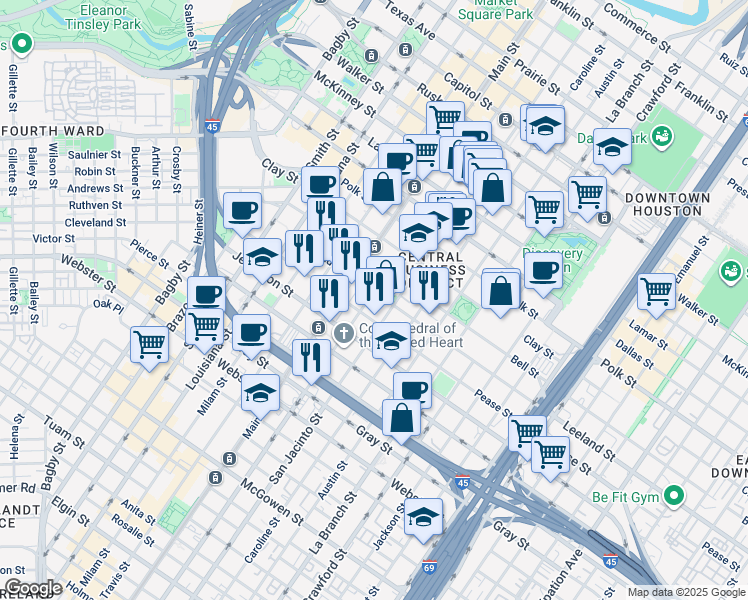 map of restaurants, bars, coffee shops, grocery stores, and more near 1611 Fannin Street in Houston