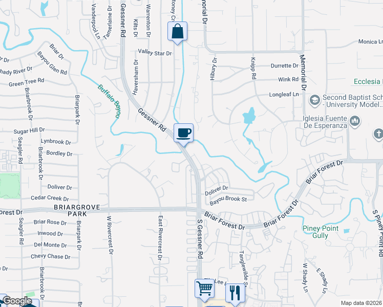 map of restaurants, bars, coffee shops, grocery stores, and more near 1146 Bayou Island Drive in Houston