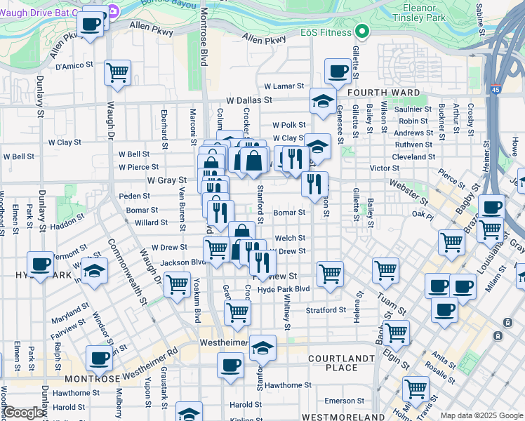 map of restaurants, bars, coffee shops, grocery stores, and more near 718 Willard Street in Houston