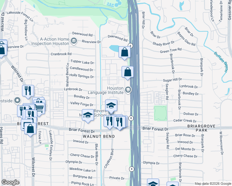 map of restaurants, bars, coffee shops, grocery stores, and more near 10501 Holly Springs Drive in Houston