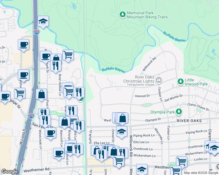 map of restaurants, bars, coffee shops, grocery stores, and more near 3985 Inverness Drive in Houston