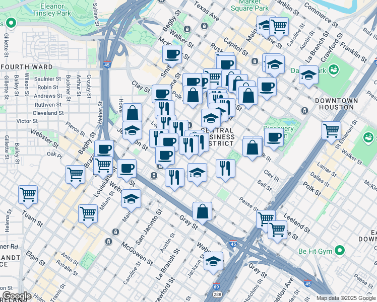 map of restaurants, bars, coffee shops, grocery stores, and more near 1617 San Jacinto Street in Houston