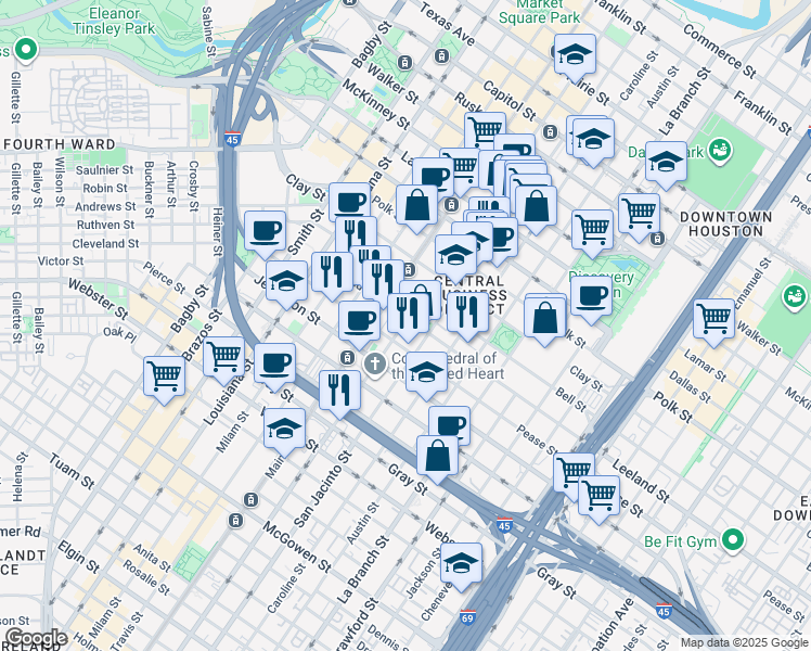 map of restaurants, bars, coffee shops, grocery stores, and more near 1617 San Jacinto Street in Houston