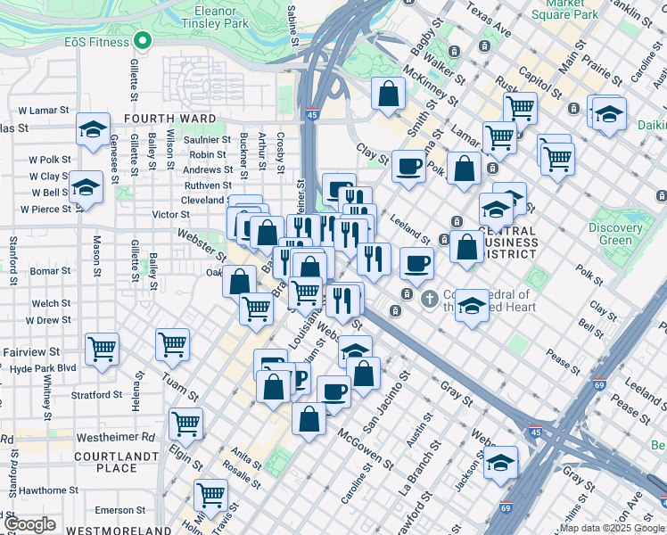 map of restaurants, bars, coffee shops, grocery stores, and more near 1919 Louisiana Street in Houston