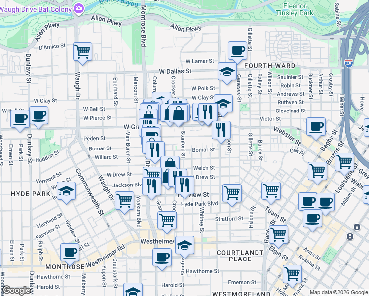 map of restaurants, bars, coffee shops, grocery stores, and more near 718 Willard Street in Houston