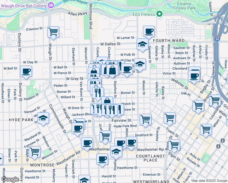 map of restaurants, bars, coffee shops, grocery stores, and more near 720 Willard Street in Houston