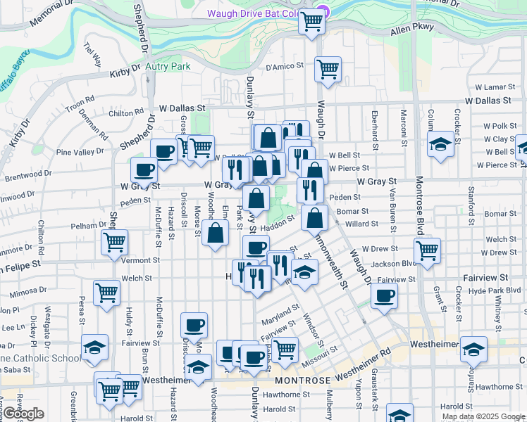 map of restaurants, bars, coffee shops, grocery stores, and more near 1620 Ridgewood Street in Houston