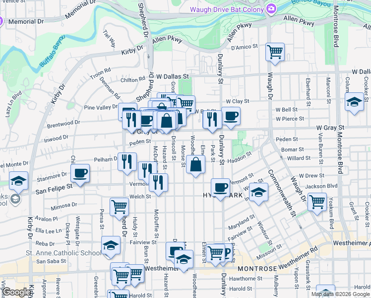 map of restaurants, bars, coffee shops, grocery stores, and more near in Houston