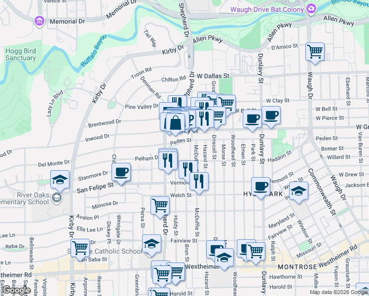 map of restaurants, bars, coffee shops, grocery stores, and more near 1700 Brun Street in Houston