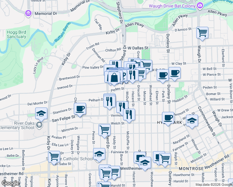 map of restaurants, bars, coffee shops, grocery stores, and more near 1700 Brun Street in Houston