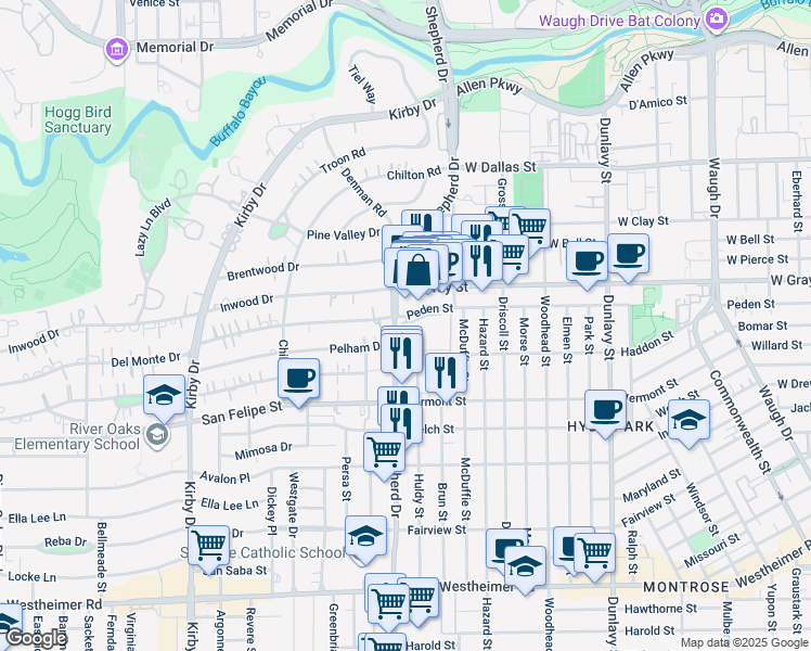map of restaurants, bars, coffee shops, grocery stores, and more near in Houston