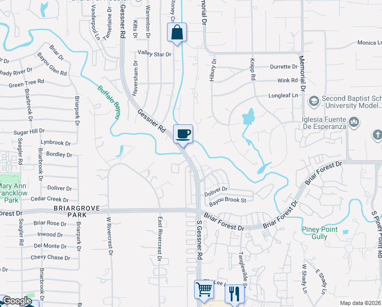 map of restaurants, bars, coffee shops, grocery stores, and more near 1146 Bayou Island Drive in Houston