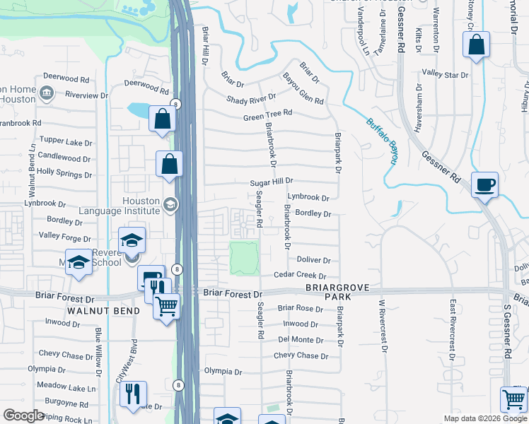 map of restaurants, bars, coffee shops, grocery stores, and more near 10114 Valley Forge Drive in Houston