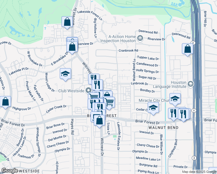 map of restaurants, bars, coffee shops, grocery stores, and more near 1307 Wilcrest Drive in Houston
