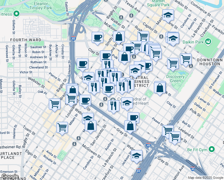 map of restaurants, bars, coffee shops, grocery stores, and more near 1699 Main street in Houston
