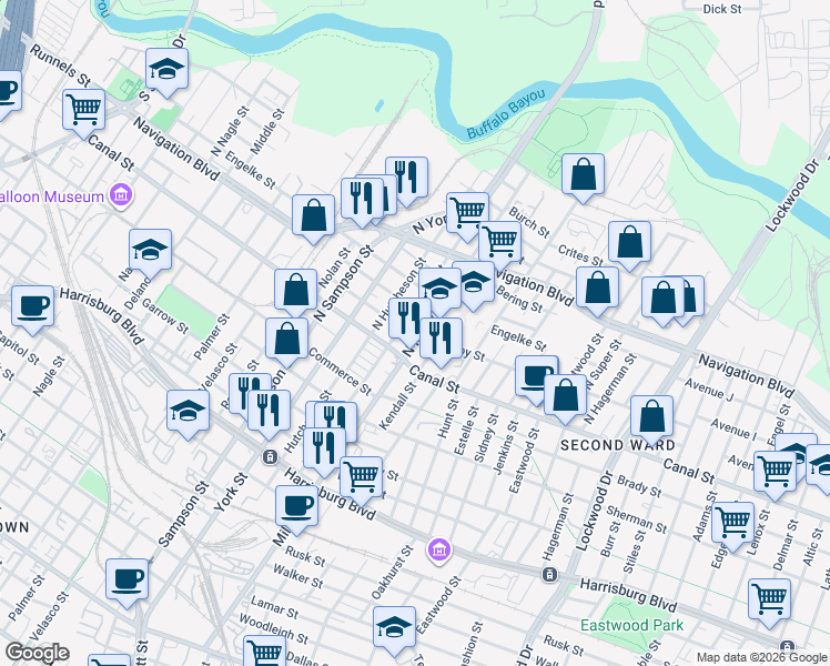 map of restaurants, bars, coffee shops, grocery stores, and more near 201 North Milby Street in Houston