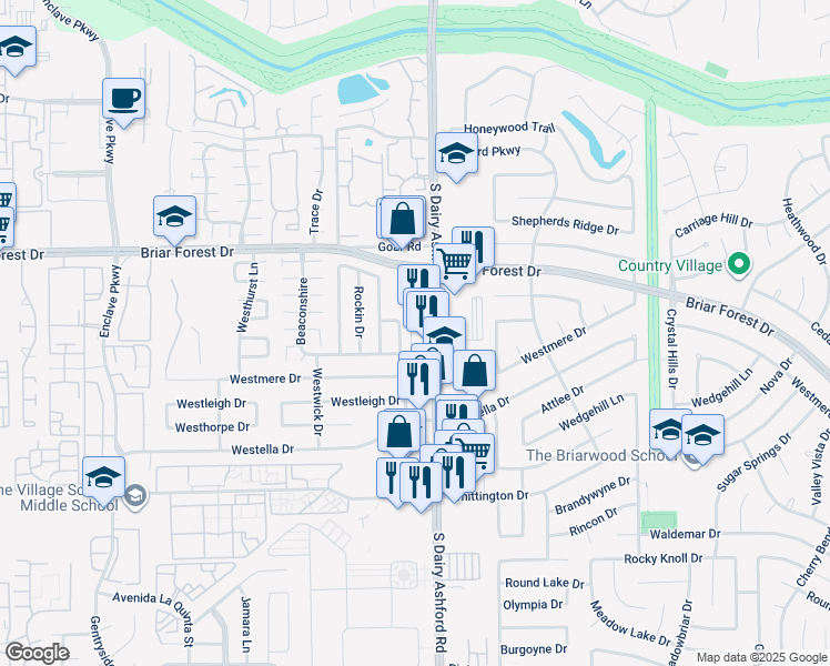 map of restaurants, bars, coffee shops, grocery stores, and more near 12619 Ashford Hills Drive in Houston