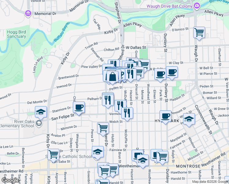 map of restaurants, bars, coffee shops, grocery stores, and more near 1700 Brun Street in Houston