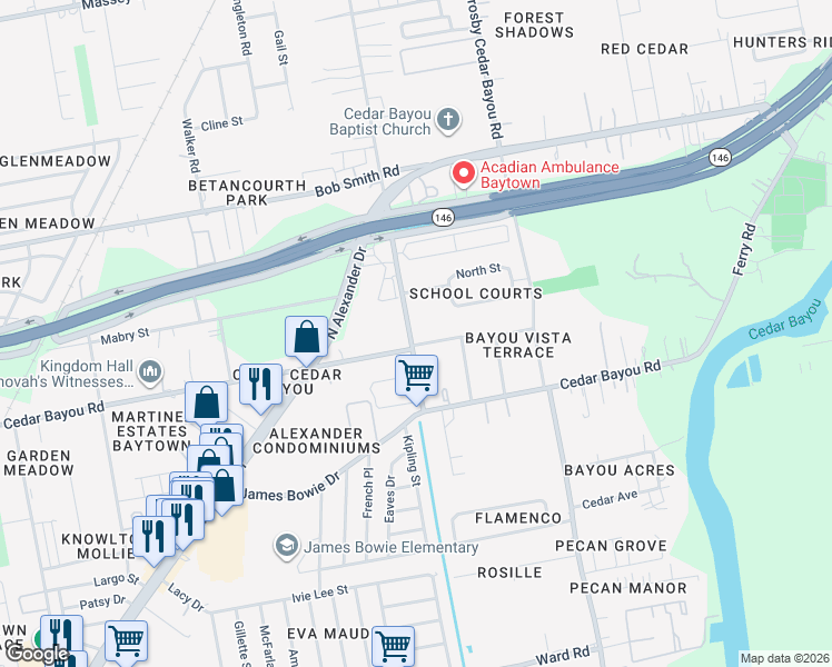 map of restaurants, bars, coffee shops, grocery stores, and more near 102 Pecan Drive in Baytown