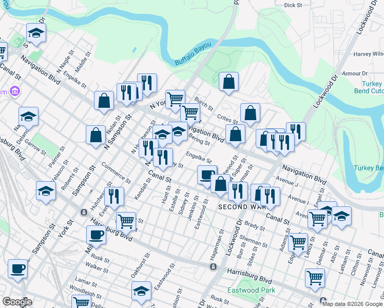 map of restaurants, bars, coffee shops, grocery stores, and more near 318 North Drennan Street in Houston