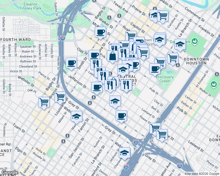 map of restaurants, bars, coffee shops, grocery stores, and more near 320 North Main Street in Houston