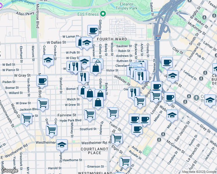 map of restaurants, bars, coffee shops, grocery stores, and more near 1807 Bailey Street in Houston