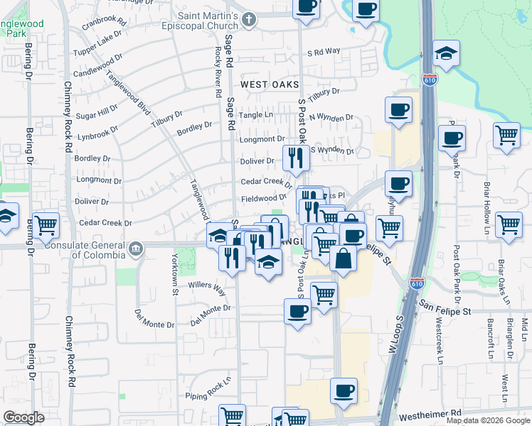 map of restaurants, bars, coffee shops, grocery stores, and more near 5079 Fieldwood Drive in Houston