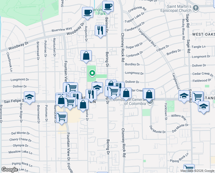 map of restaurants, bars, coffee shops, grocery stores, and more near 1435 Bering Drive in Houston