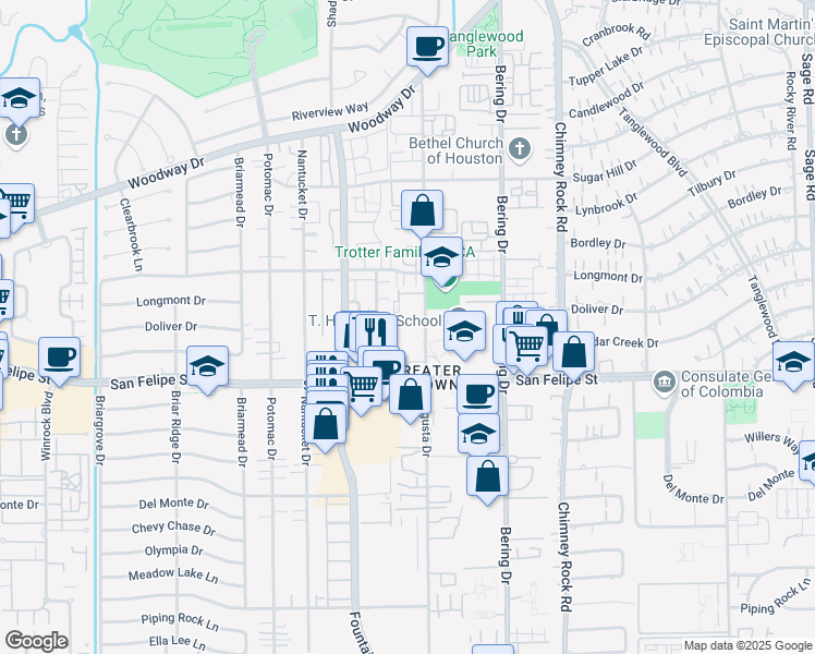 map of restaurants, bars, coffee shops, grocery stores, and more near 5801 Doliver Drive in Houston