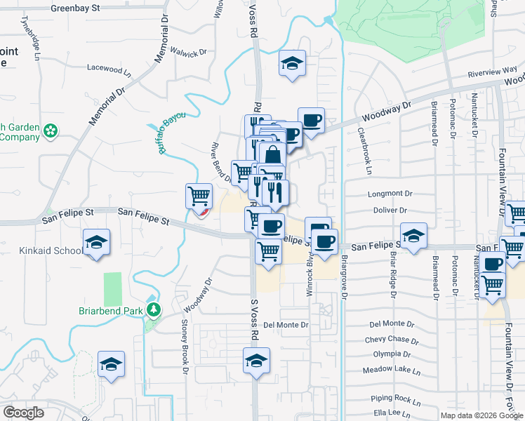 map of restaurants, bars, coffee shops, grocery stores, and more near 1407 South Voss Road in Houston