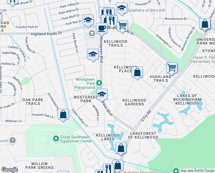 map of restaurants, bars, coffee shops, grocery stores, and more near 2218 Centerbrook Lane in Katy