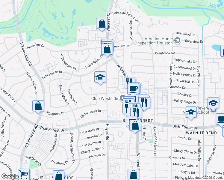 map of restaurants, bars, coffee shops, grocery stores, and more near 11206 Lynbrook Drive in Houston