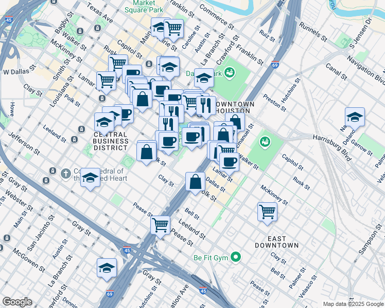 map of restaurants, bars, coffee shops, grocery stores, and more near 1001 Avenida De Las Americas in Houston
