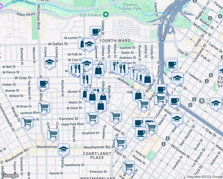 map of restaurants, bars, coffee shops, grocery stores, and more near 1807 Bailey Street in Houston