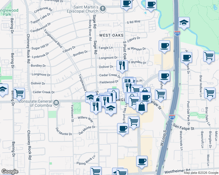 map of restaurants, bars, coffee shops, grocery stores, and more near 5079 Fieldwood Drive in Houston