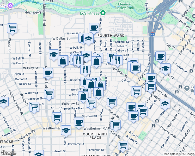 map of restaurants, bars, coffee shops, grocery stores, and more near 1617 Oneil Street in Houston