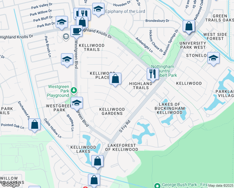 map of restaurants, bars, coffee shops, grocery stores, and more near 20507 Ivory Creek Lane in Katy
