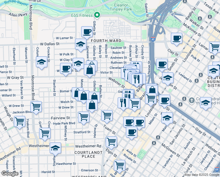map of restaurants, bars, coffee shops, grocery stores, and more near 1806 Matthews Street in Houston