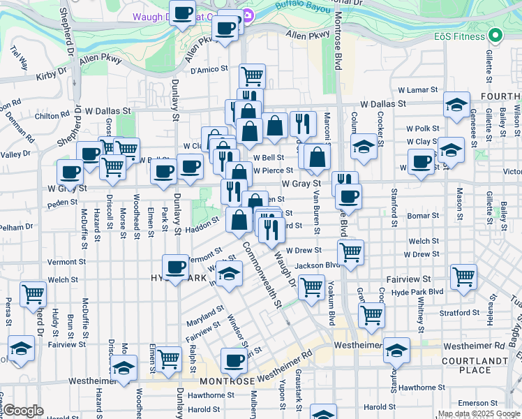 map of restaurants, bars, coffee shops, grocery stores, and more near 1316a Peden Street in Houston