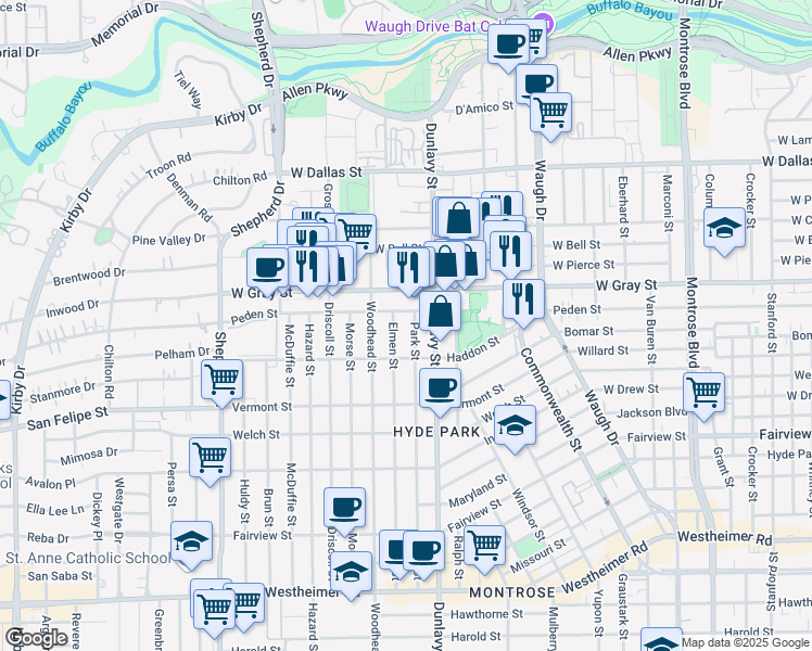 map of restaurants, bars, coffee shops, grocery stores, and more near 1919 West Gray Street in Houston