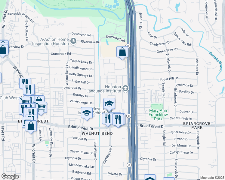 map of restaurants, bars, coffee shops, grocery stores, and more near 10440 Valley Forge Drive in Houston