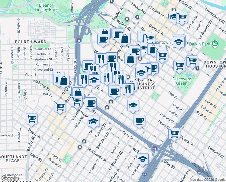 map of restaurants, bars, coffee shops, grocery stores, and more near 808 Pease Street in Houston