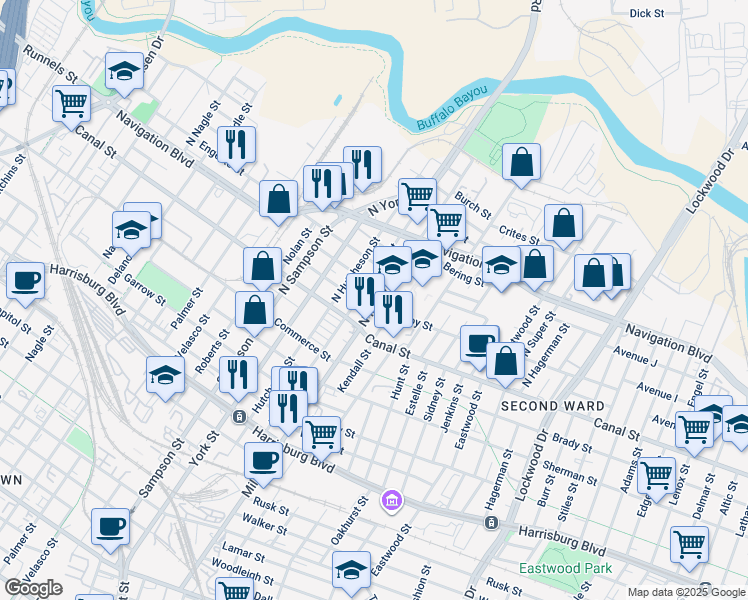 map of restaurants, bars, coffee shops, grocery stores, and more near 211 North Milby Street in Houston