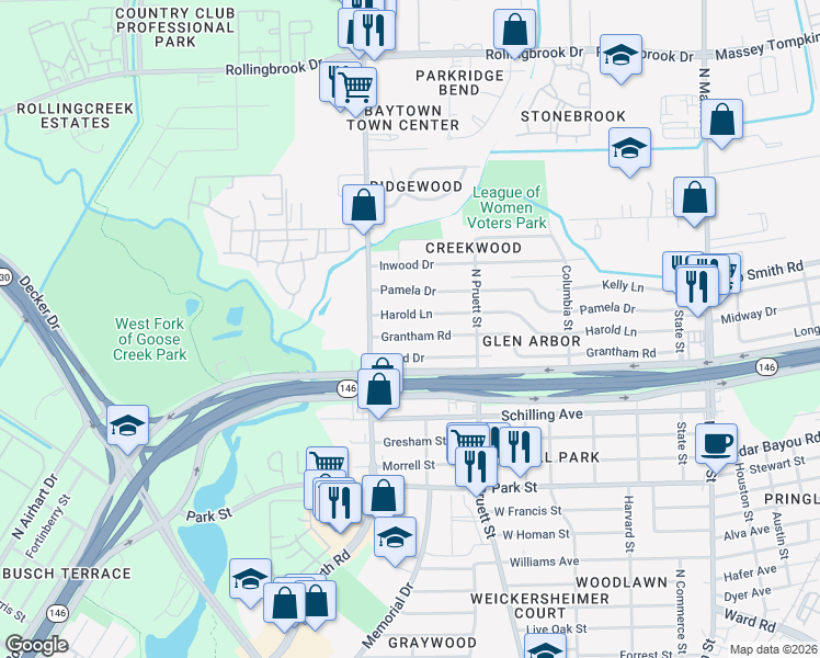 map of restaurants, bars, coffee shops, grocery stores, and more near 702 Harold Lane in Baytown