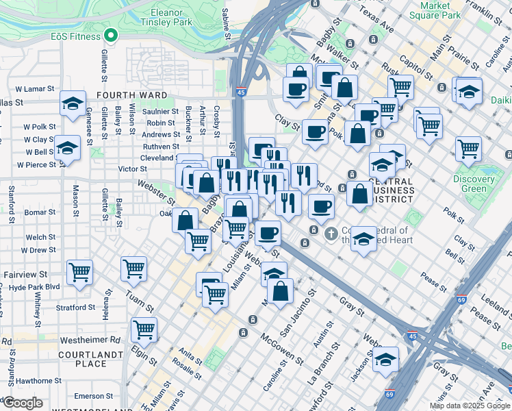 map of restaurants, bars, coffee shops, grocery stores, and more near 1919 Smith Street in Houston