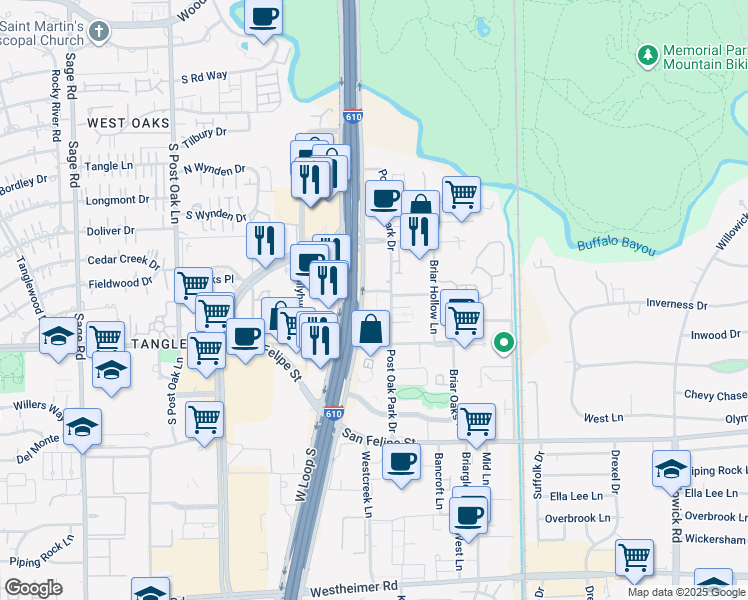 map of restaurants, bars, coffee shops, grocery stores, and more near in Houston